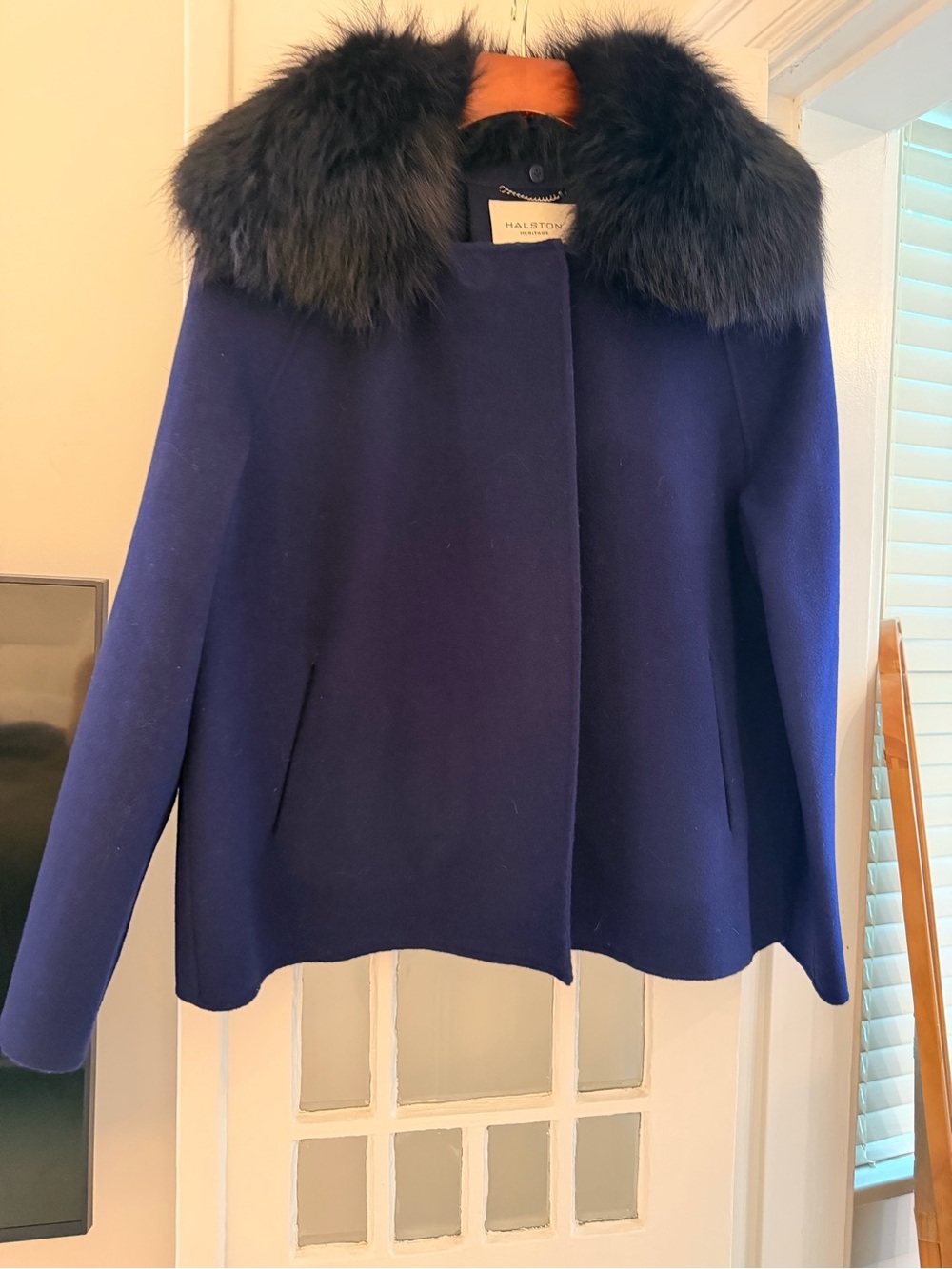 Halston Heritage Navy Wool Peacoat with Dark Fur Collar